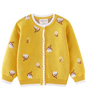 Cardigan in morbido cotone jacquard per bambine - Maglione lavorato a maglia a maniche lunghe con scollo rotondo e bottoni - Caldo ed elegante per bambini e bambine (80-140 cm, giallo)_voghion.com