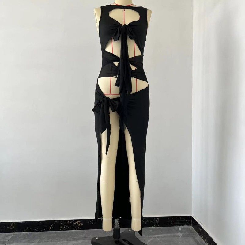 Moda femminile Pannelli in rete trasparente Ritagli Fessure per cravatte Abiti senza maniche irregolari_voghion.com