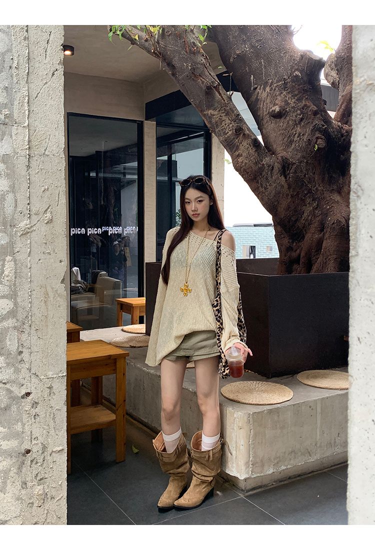 Sun Protection Cover-Up For Women Summer 2025 New Knitted Top Asymmetrical Shoulder Hollow Out Loose_voghion.com