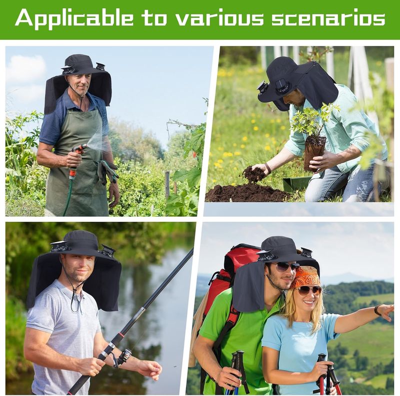 Cappello da pescatore a tesa larga Chuarry con 2 ventole, alimentato a energia solare, con ricarica USB e patta per il collo, per uomo e donna_voghion.com