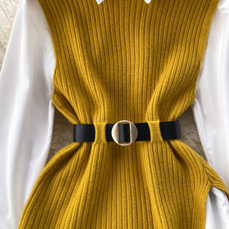 Set de două piese pentru femei, cămașă albă cu mâneci lungi și vestă din tricot despicat_voghion.com