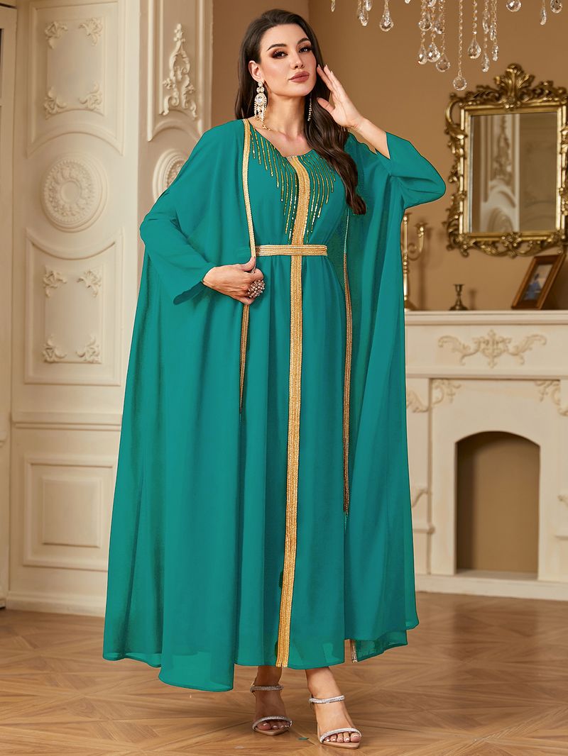 Vêtements pour femmes transfrontaliers du Moyen-Orient Robe arabe Mode paillettes broderie mousseline de soie deux pièces robe Europe et Amérique_voghion.com