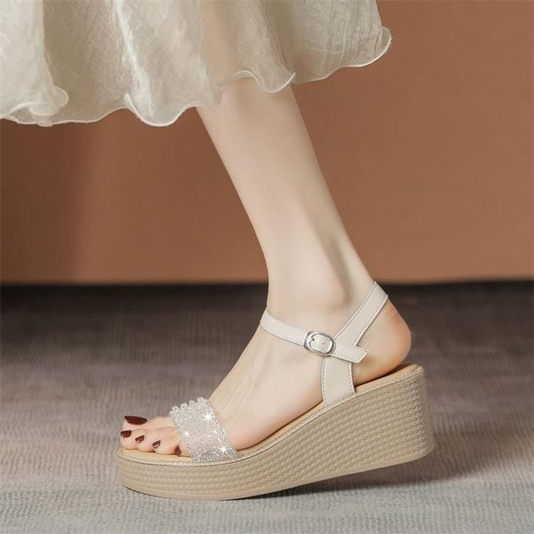 Sandali con tacco a zeppa da donna, sandali con una sola parola, da indossare con gonne e tacchi alti da spiaggia._voghion.com