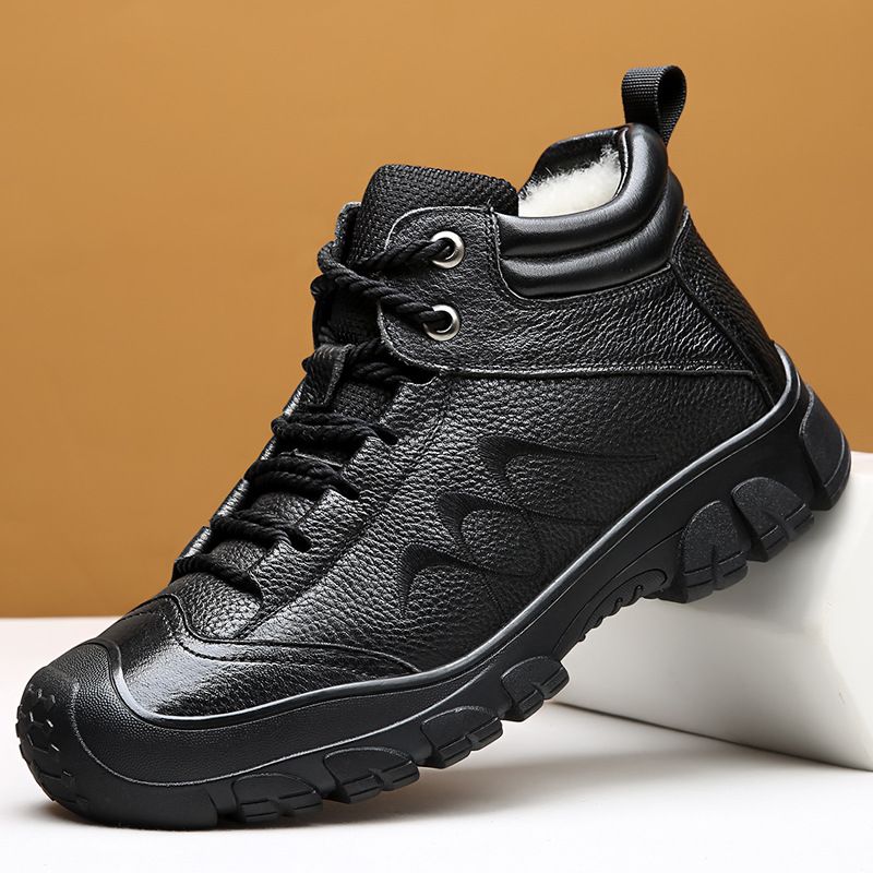 Winter New Layer Wool High Top Cotton Fleece Lined Leather Short Boots Warm Men's Shoes_voghion.com
