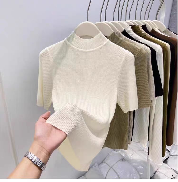 Maglia aderente con collo semi-alto – Pullover traspirante a maniche corte (essenziale per un look a strati leggero, bianco, nero)_voghion.com