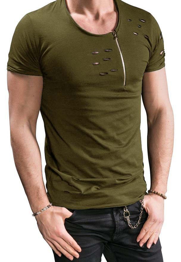 Herrenbekleidung Herren lässige Mode Kurzarm-T-Shirt verbrannte Blume Reißverschluss Dekoration Herrenbekleidung_voghion.com