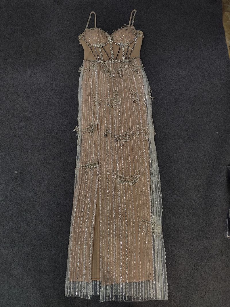 Elegantes, mit Pailletten verziertes, figurbetontes Abendkleid mit hohem Schlitz für Partys und Bankette – tiefer V-Ausschnitt und glamouröse Passform_voghion.com