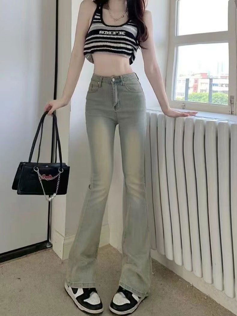 Micro La denim kadın ilkbahar sonbahar elastik kesim at nalı, sarkık hissi, ince kesim, yüksek bel ve taban_voghion.com