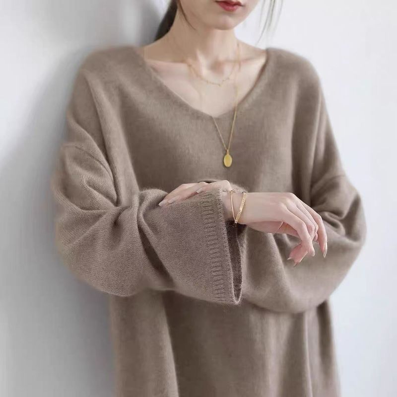 Pull épais en cachemire doux pour femme, col en V, grande taille, ample et décontracté, nouvelle collection automne-hiver_voghion.com