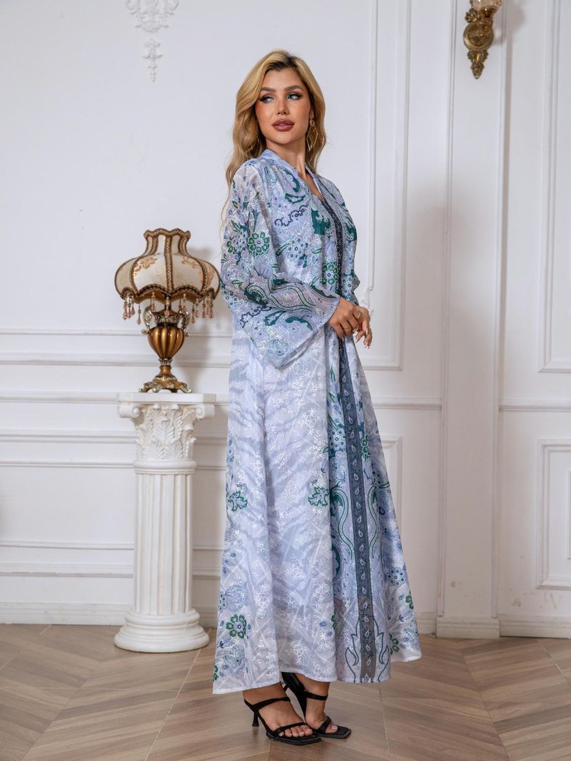 Abito lungo da donna musulmana in tessuto ricamato con stampa a tutta lunghezza e tempestato di diamanti, abito lungo da donna Abaya_voghion.com