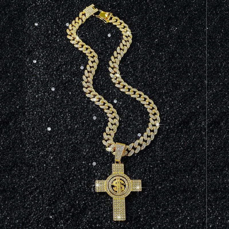 New Personalized Men's Full Diamond Chain Hip-Hop Style Rotating Dollar Cross Pendant Necklace_voghion.com