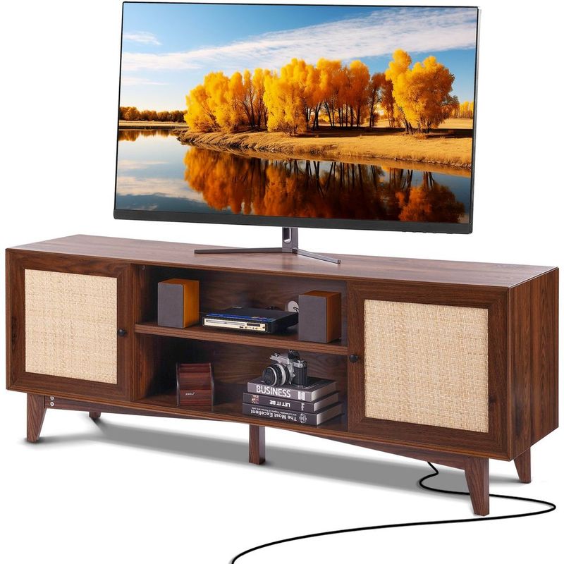 VEVOR Rattan TV Stand For 75in TV, Boho TV Stand With Rattan Door, Entertainment Center With Build-in Socket, Storage Cabinet With 2 Shelves, Modern_voghion.com