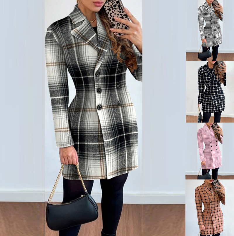 Abbigliamento da donna giacca piccola stampata con colletto doppiopetto a maniche lunghe stile caldo_voghion.com