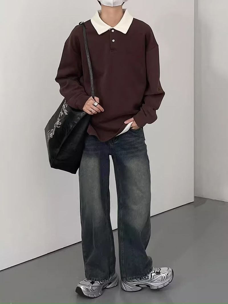 Men’s Retro Color-Block Polo Sweatshirt – Long Sleeve, Loose Fit, Embroidered Collar, Fall Casual (M-3XL, Brown Stripe)_voghion.com