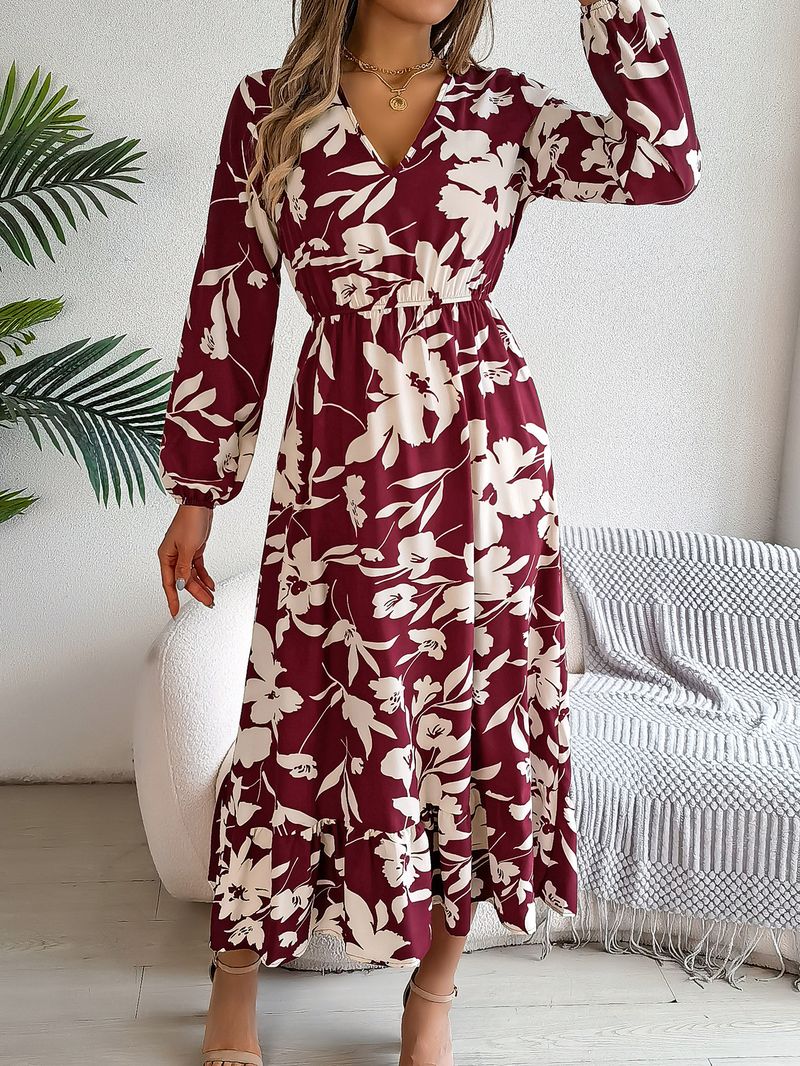 Abito casual a maniche lunghe con volant e fiori in vita, autunno e inverno 2025, abbigliamento da donna_voghion.com