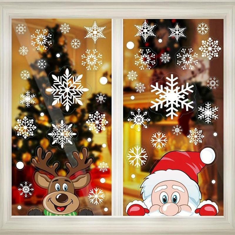 4 Sheets Christmas Window Clings Snowflake Snowman Moose Elk Pattern Window Decals Reusable Static Stickers For Christmas Holiday Birthday Home Decoration_voghion.com