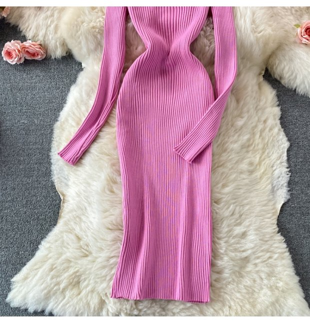 Abito maglione da donna di media lunghezza attillato in vita con scollo a V profondo_voghion.com