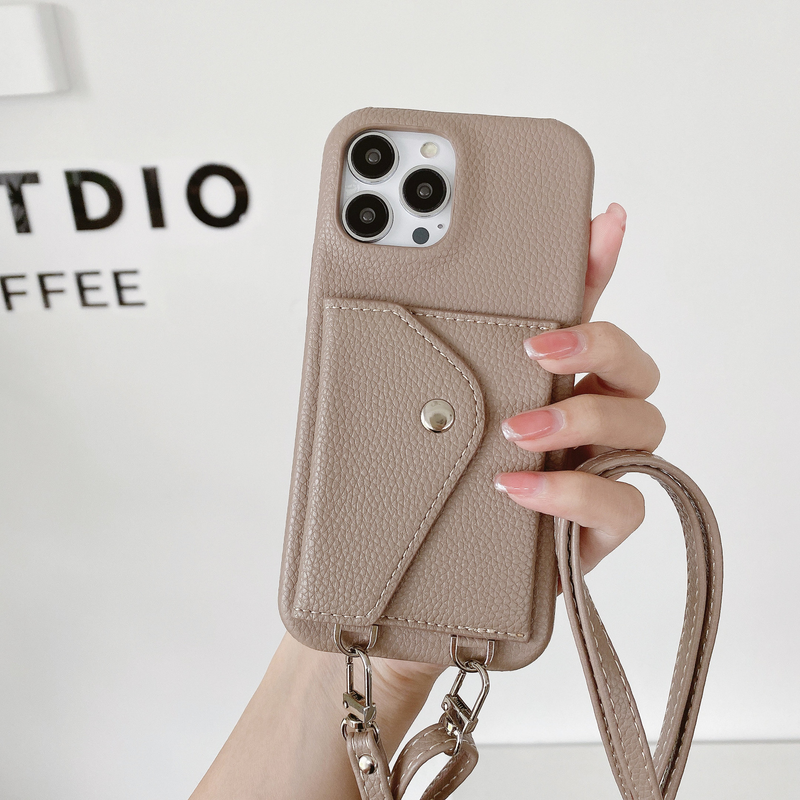 Mobile phone case card holder cross-body mobile phone case suitable for iPhone15 mobile phone case Apple 14promax pebbled pattern mobile phone case_voghion.com