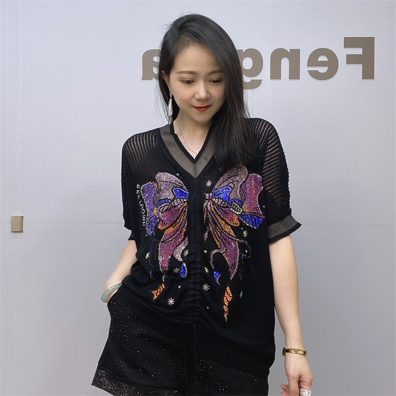 Ropa de mujer, prendas de punto para mujeres gordas mm, camiseta adelgazante de manga corta con escote en V y diamantes calientes_voghion.com