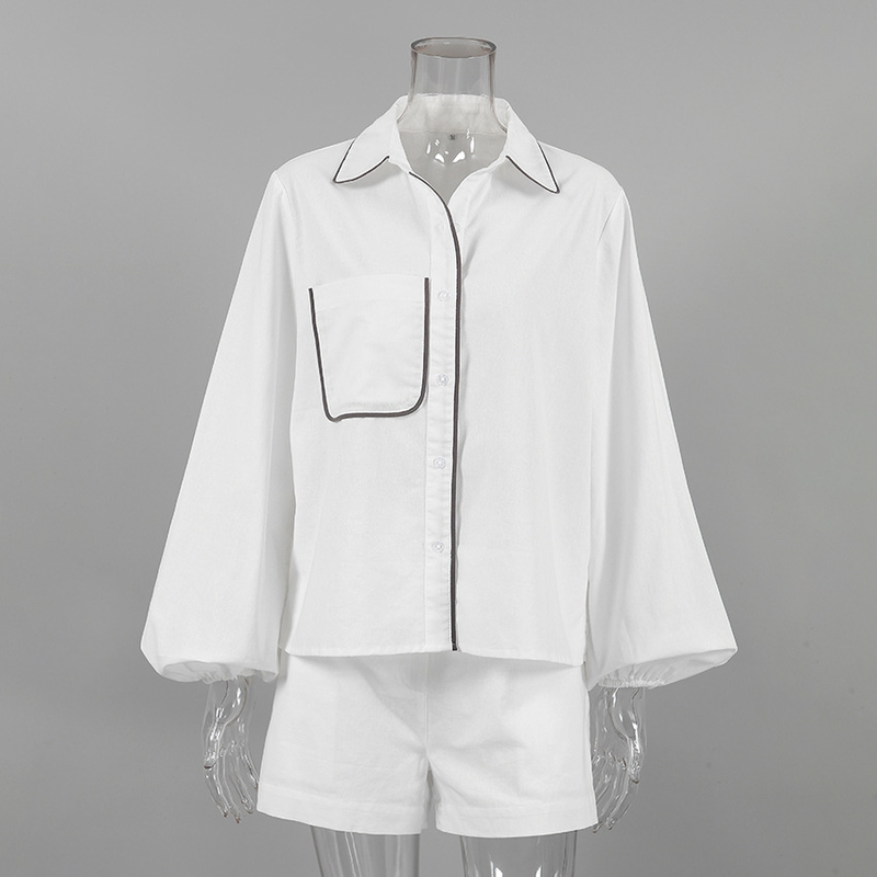 abito a maniche lunghe in cotone e lino moda casual design da donna camicia a contrasto in bianco e nero pantaloncini set da due pezzi_voghion.com
