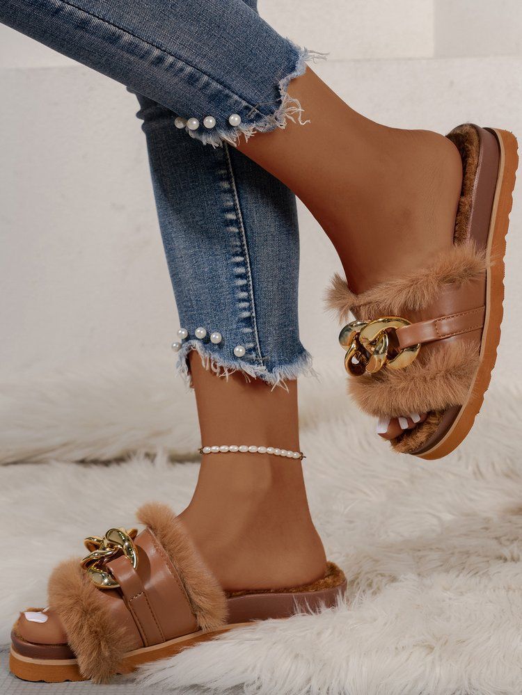 Damesschoenen Modieuze sandalen met kettingversiering en imitatiebont - Zacht PU-bovenwerk en comfortabele rubberen zool voor casual gebruik - Wit, zwart, bruin_voghion.com