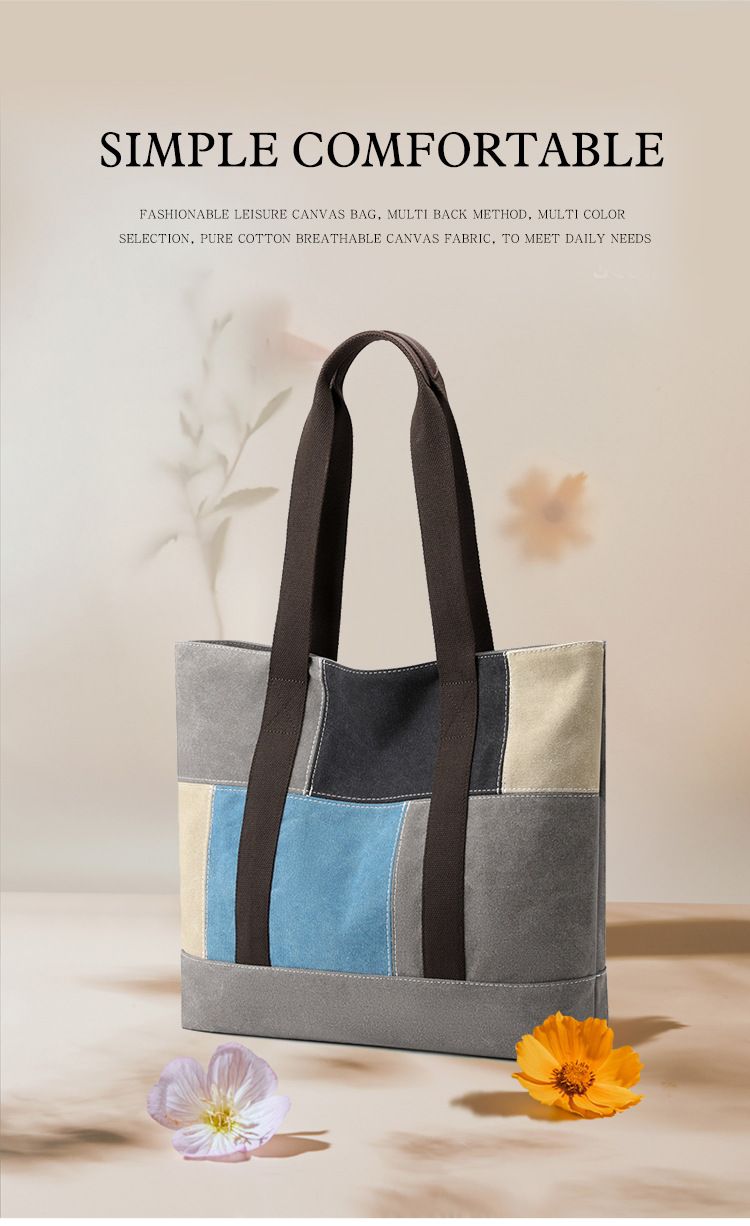 New shoulder bag, women's bag, fashionable, large capacity, contrasting color, hand-held canvas bag_voghion.com