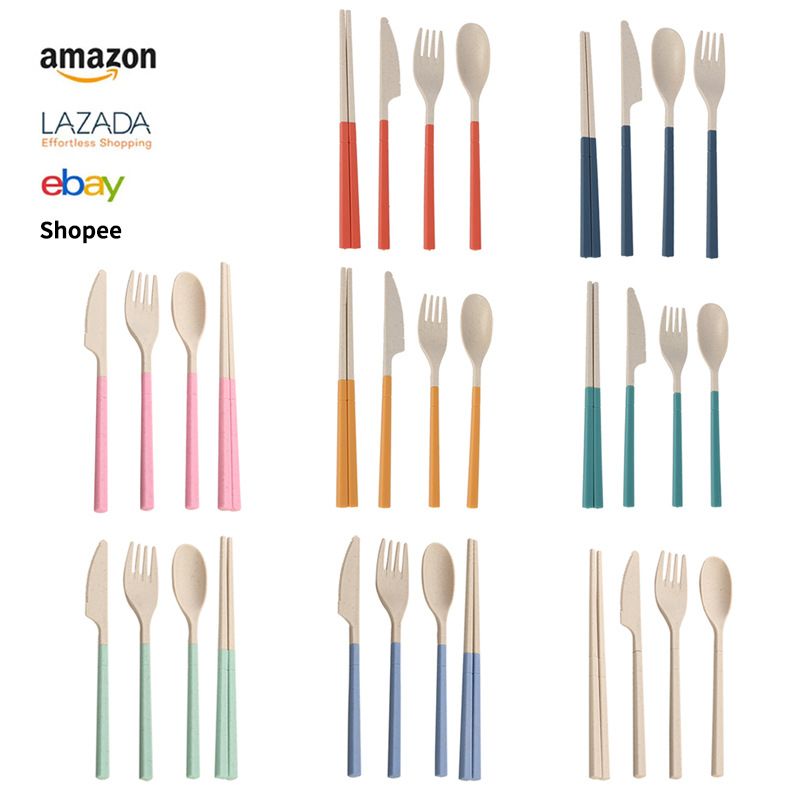 Eco-Friendly Wheat Straw Travel Cutlery Set 4-Piece Reusable Utensils Knife, Fork, Spoon, Chopsticks – BPA-Free,_voghion.com