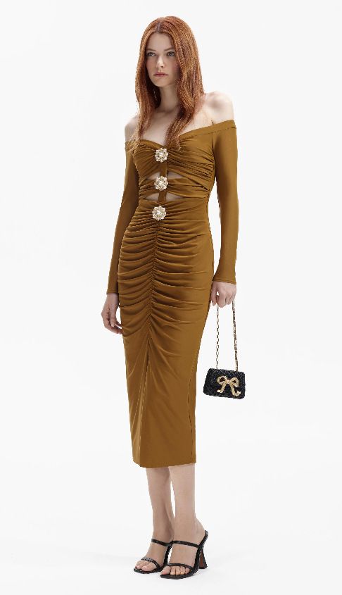 Elegante abito francese con spalle scoperte, pizzo floreale e applicazioni 3D per donna – Abito da sera aderente a vita alta_voghion.com