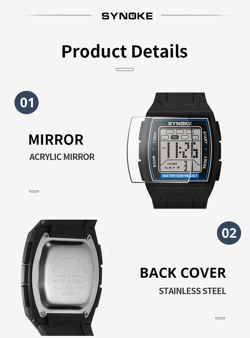 SYNOKE Sport elektronische Uhr Herren multifunktionale quadratische Retro leuchtende wasserdichte Outdoor-Studentenuhr_voghion.com