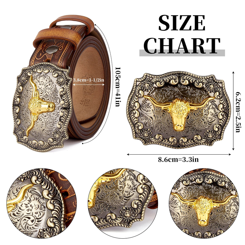 HOT BISON DENIM Herren Western Cowboy Gürtel Longhorn Bull Muster Schnalle Floral Echtes Leder Gravierte Gürtel Für_voghion.com
