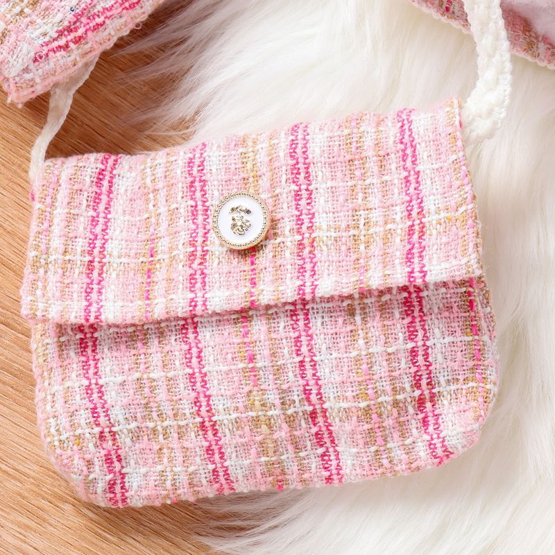 Kinderkleidung, kleiner Duft, Herbst und Winter, vierteiliges Set, einfarbig, Stehkragen + karierter Rock aus Wolle, Mantel + Tasche_voghion.com