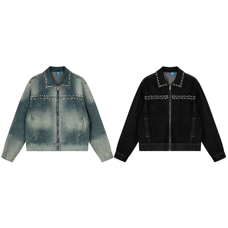 Amerikanischer Stil Perlendesign Abgesteppter gewaschener Denim Unisex Neue lose vielseitige kurze Jacke trendig_voghion.com