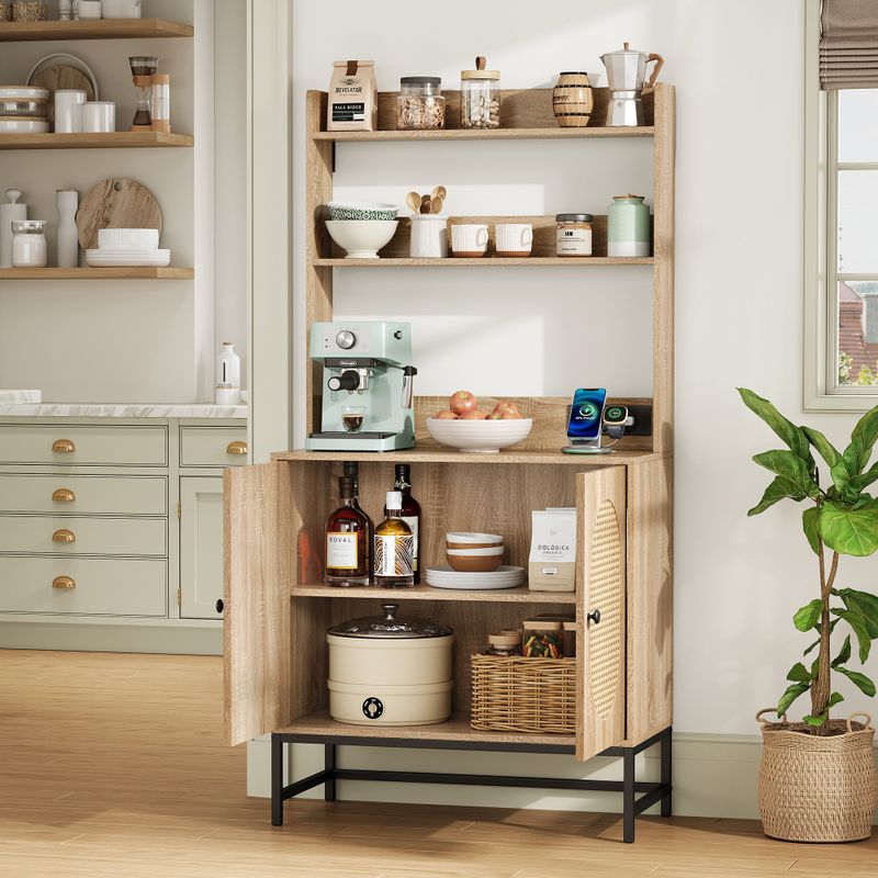 Moderner Buffet-Schrank Mit Eichenholzdekor,Rattan-Doppeltür Mit Stauraum,Mit USB&220V Steckdose,Offene Ablagen,Kippschutz,Für Küche&Wohnzimmer_voghion.com