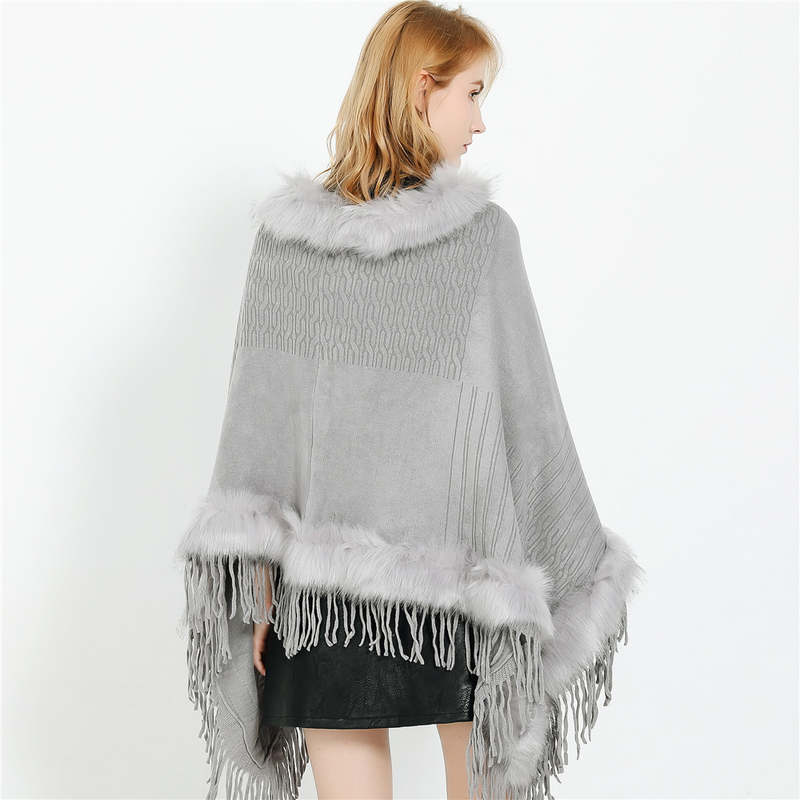 Pulover în stil la modă de toamnă și iarnă, culoare solidă, guler de blană, tiv mare, eșarfă șal din cașmir cu ciucuri_voghion.com