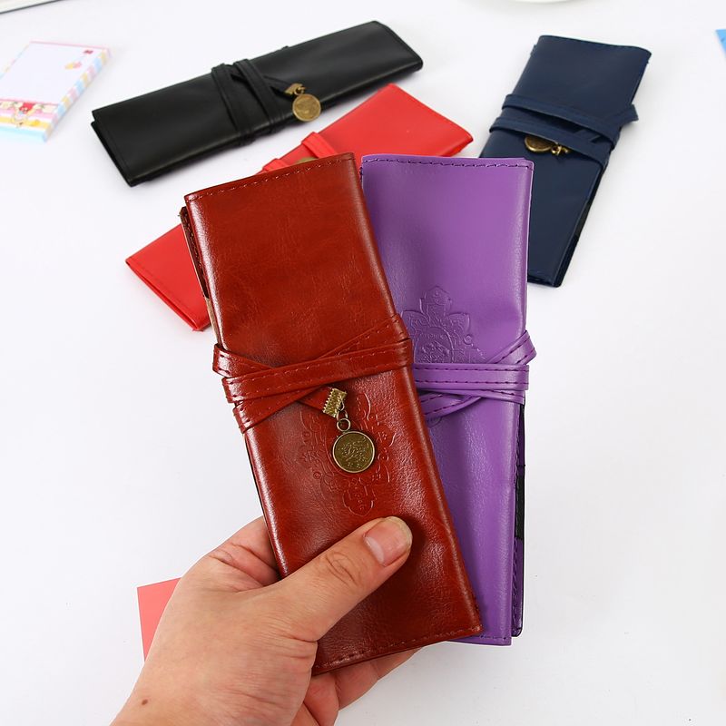 Yaratıcı Etnik Stil PU Deri Alacakaranlık Kalem Çantası Rulo Kalem Perde Kore Retro Basit Büyük Kapasiteli Kırtasiye Kutusu_voghion.com