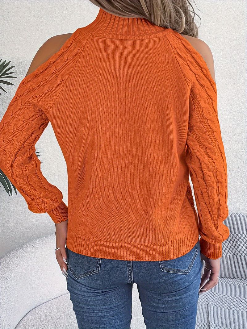 Maglione da donna a maniche lunghe con collo alto, spalle scoperte e lavorazione a maglia grossa - Pullover casual a trecce per autunno e inverno, in bianco/rosa/bordeaux/grigio/arancione_voghion.com