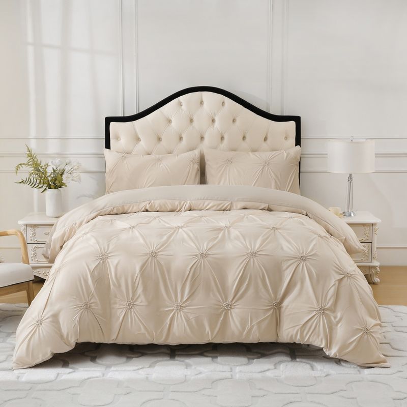 Embossed Floral Duvet Cover Set - Beige Pleated Textured Bedding 3-Piece With Pillowcases - Luxury Hotel Style Home Textile_voghion.com