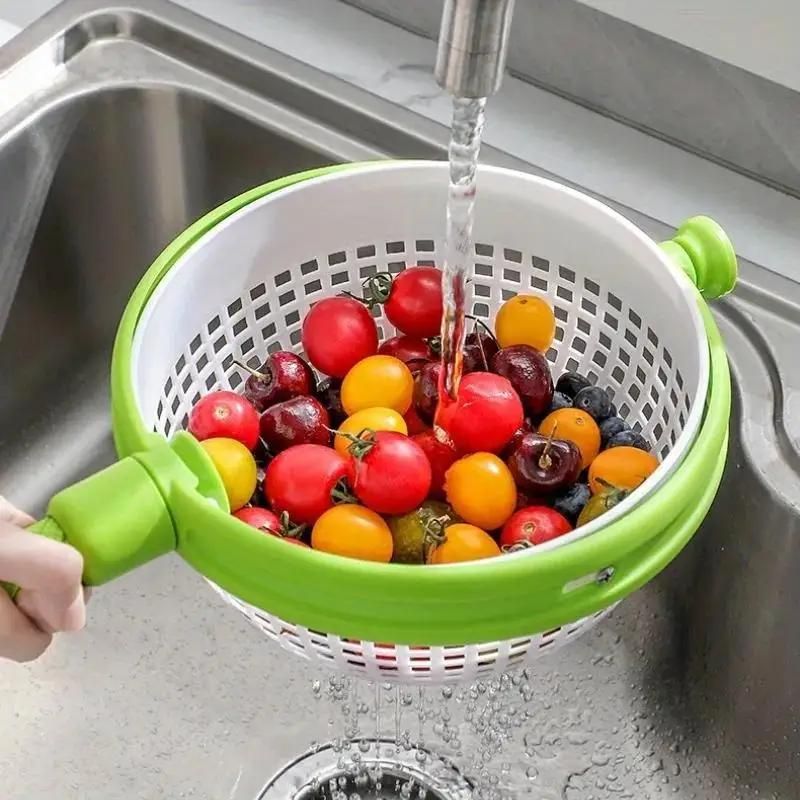 Rotating Drainage Basket Vegetable And Fruit Cleaning Basket Dehydration And Water Throwing Household Rotating Drainage Basket_voghion.com