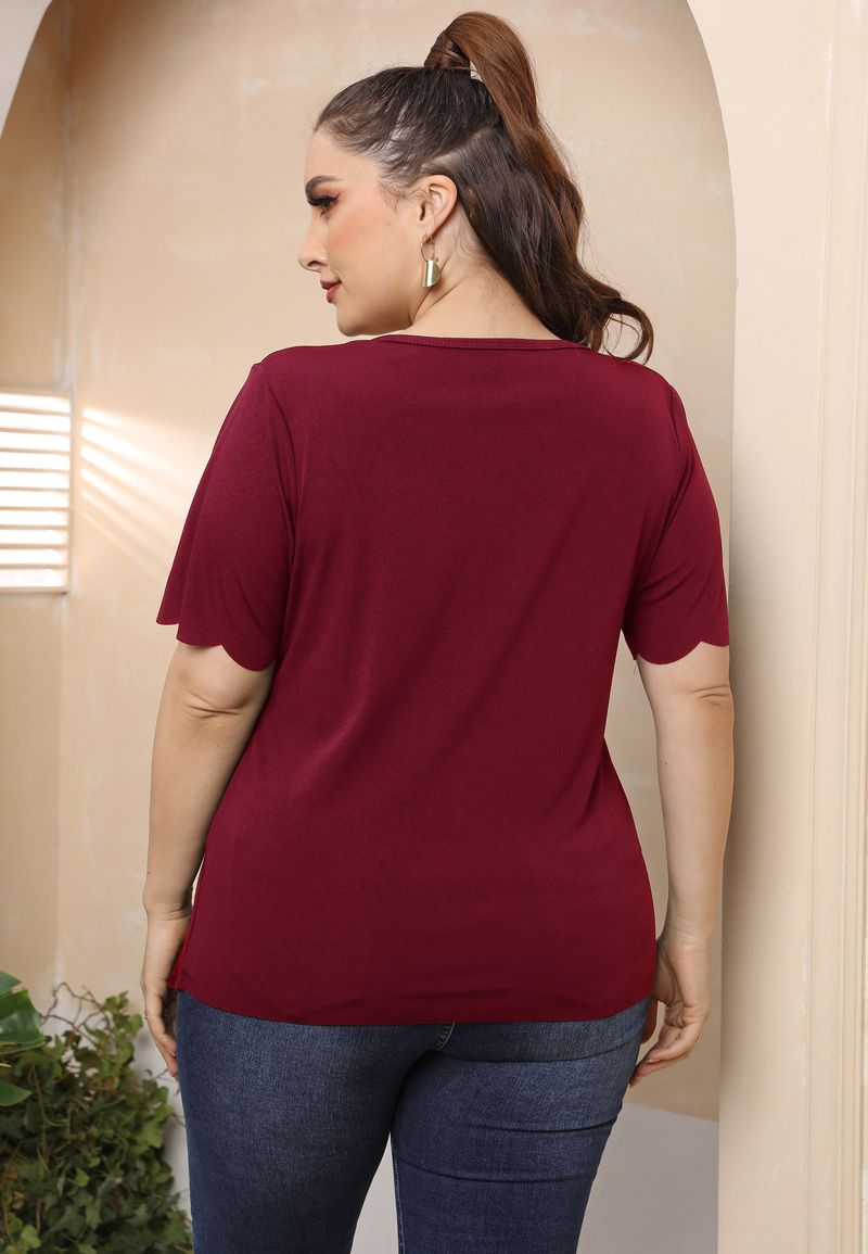 Női felső plus size égetett virágmintás, kivagdosott, mély V-nyakú rövid ujjú póló_voghion.com