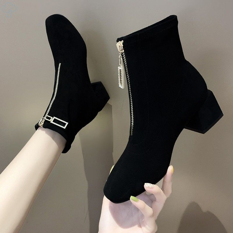 Martin Women's English Style Versatile New Suede Thick Heel Slim Front Zipper Short Boots 2023 Autumn/Winter_voghion.com