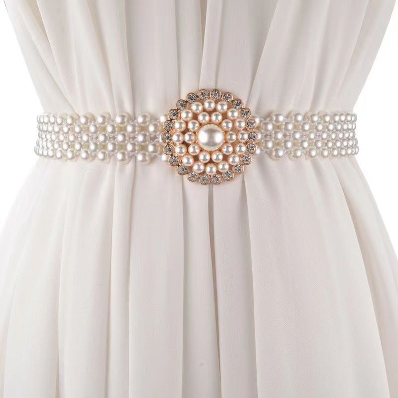 W Korean Version Women's Double Four Row Pearl Elastic Waistband Dress Accessory Versatile Belt 11 Styles_voghion.com