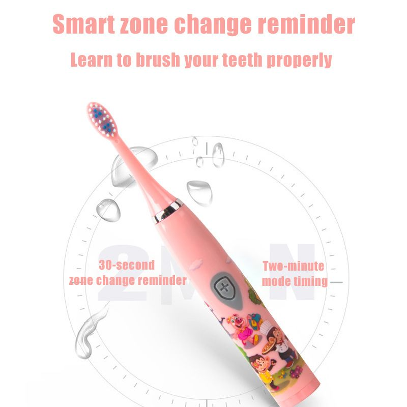 Escova de dentes elétrica sônica, carregamento usb, à prova d'água, temporizador inteligente, clareamento dos dentes, desenhos animados, crianças, escovas ultrassônicas macias_voghion.com