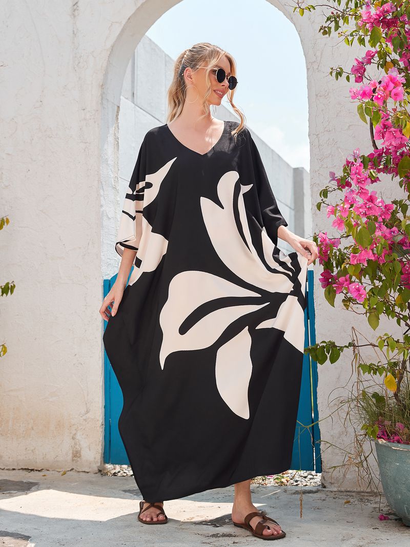 Überwurfkleid mit Fledermausärmeln im Bohemian-Print – Leichter Strandkimono für Damen, Bikini-Wickeltuch, Urlaubstunika in Übergröße, schnelltrocknendes Polyester_voghion.com
