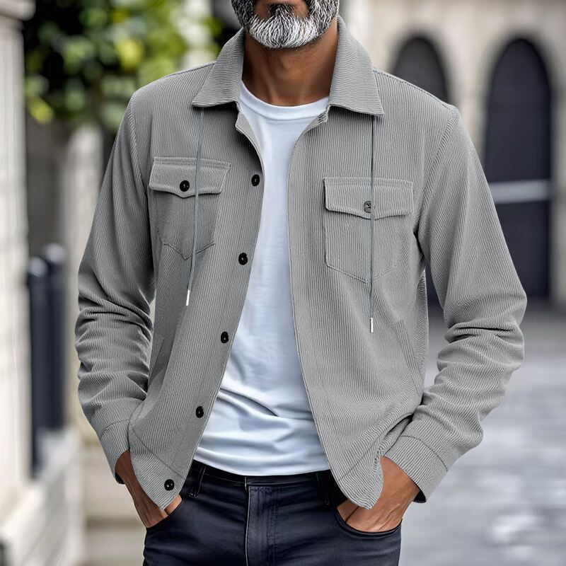 Autumn American Heavy Corduroy New Simple Versatile Multi Pocket Long Sleeved Stand Up Collar Jacket Men's Clothing_voghion.com