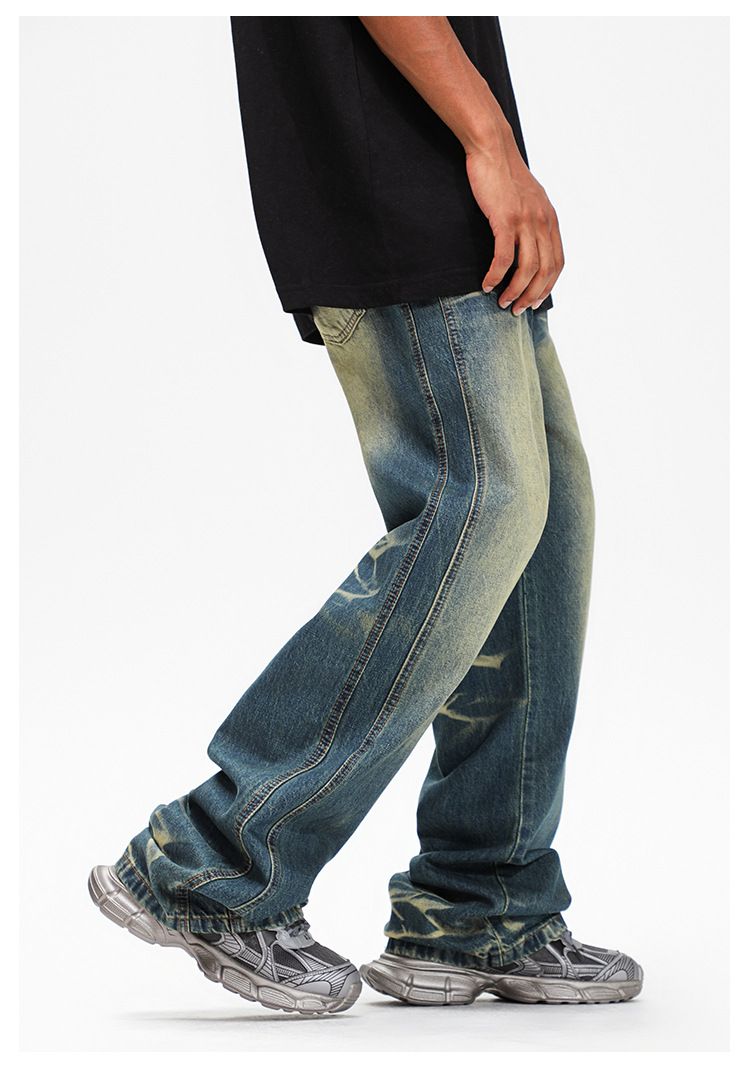 Meeste rõivad kevadeks ja sügiseks High Street teksad Meeste Vibe Washed Old Cat Whisker Trendikad teksad Sirged püksid_voghion.com