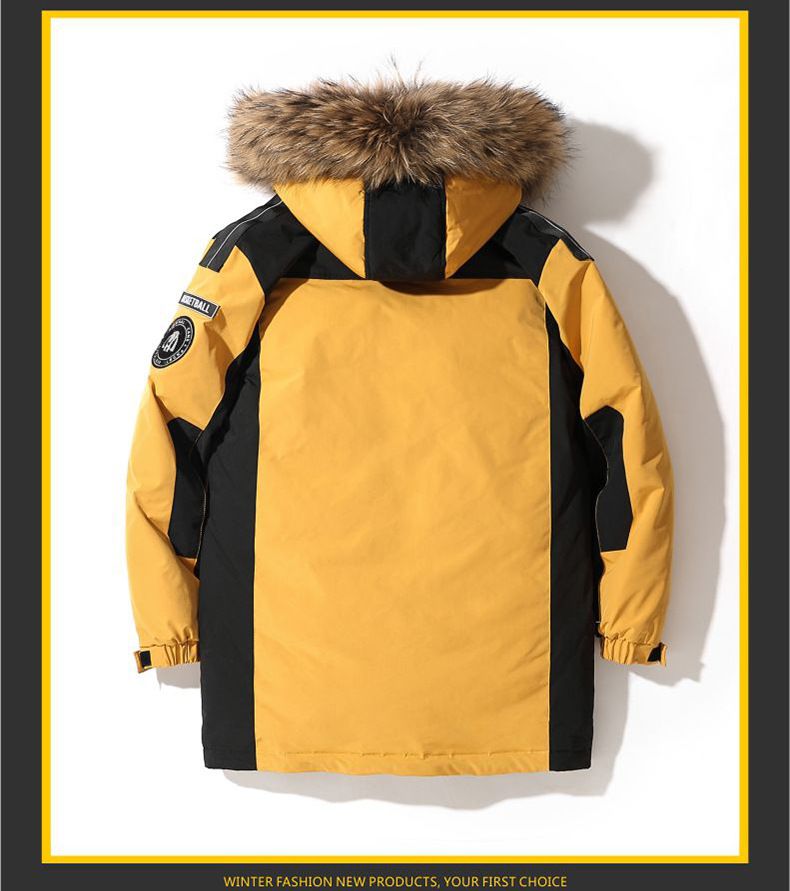 Korean Style Thickened White Goose Down Parka For Men, Long Length Hooded Coat With Fur Collar, Unisex Winter Jacket_voghion.com