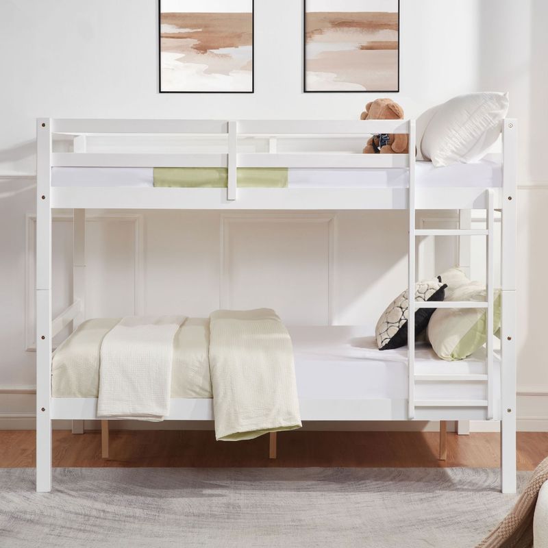 Full Over Full Bunk Bed With Thick Posts,Wooden Bunk Bed With High Guardrail And Ladder For Kids, Teens, Dorm Rooms, And Guest Rooms,No Box Spring Needed,White_voghion.com