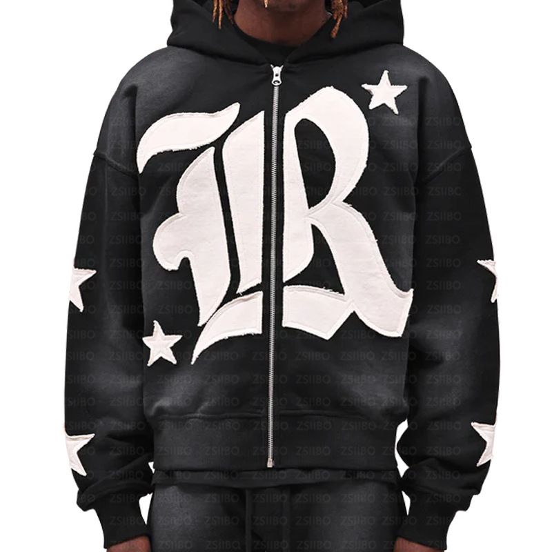 Moletom vintage Y2K, moda americana, jaqueta com zíper estilo gótico, moletom com capuz de tecido com remendo de estrela_voghion.com