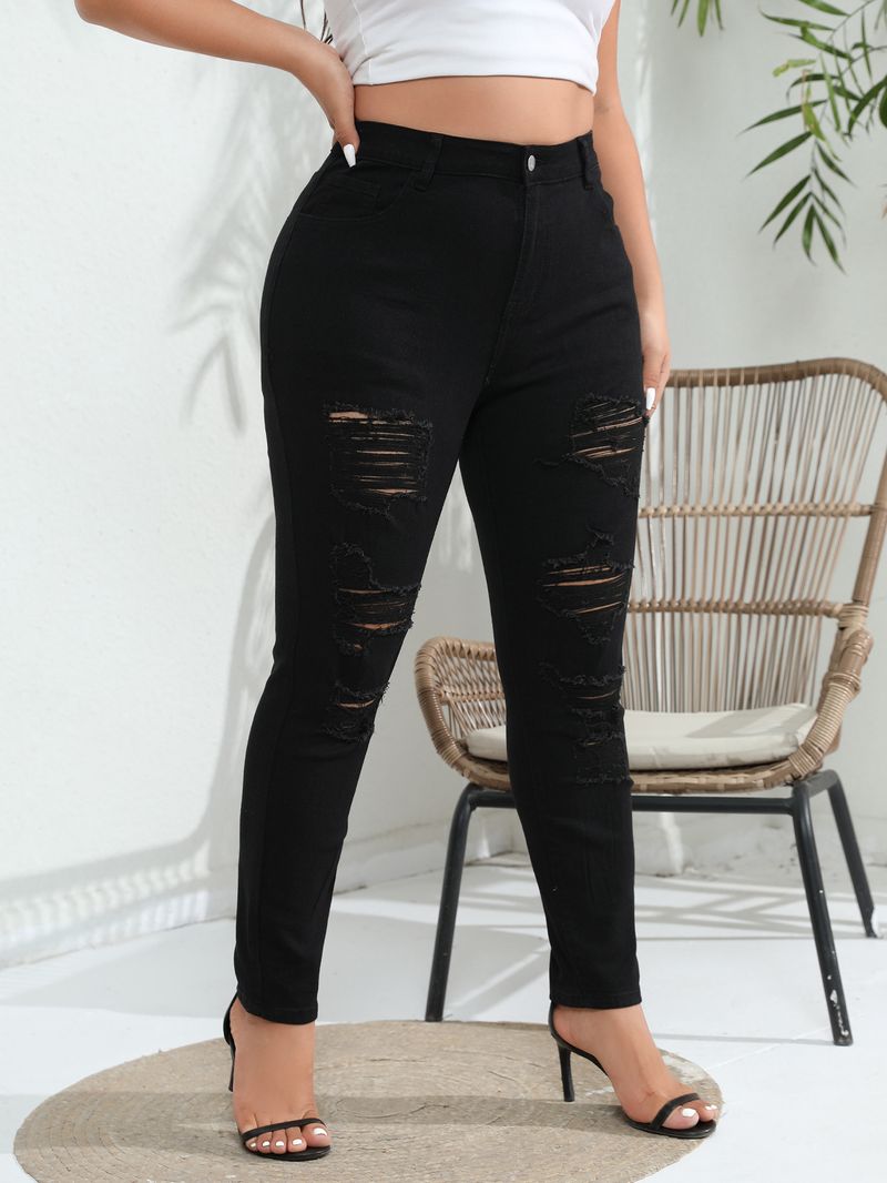 Women's Clothing Large Size Fashion Ripped Stretch Denim Skinny Pants Fat MM Pants_voghion.com