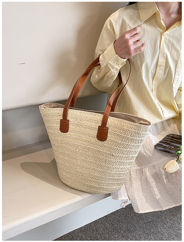 Bolso de mano tejido de alta capacidad, versátil y minimalista, con un solo hombro, bolso de playa para vacaciones para mujer_voghion.com
